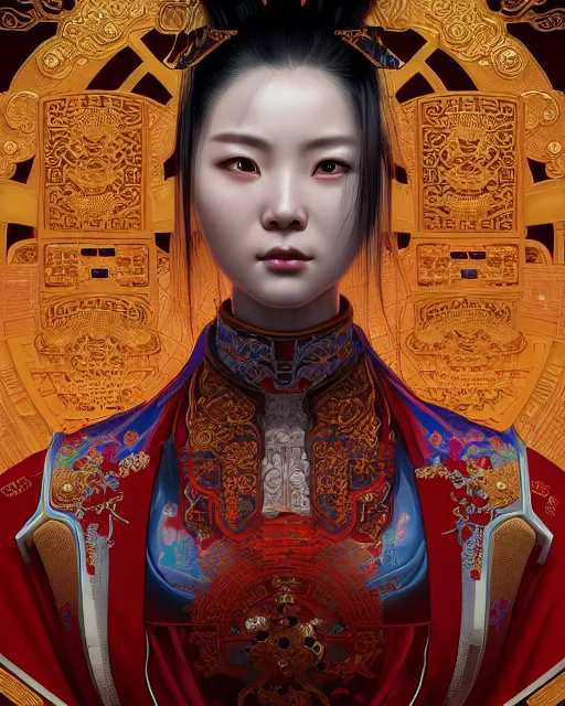 Image similar to portrait of a chinese cyberpunk machine, machine face, upper half portrait, decorated with chinese opera motifs, regal, asian, fine china, wuxia, traditional chinese art intricate intense elegant 京 剧 highly detailed digital painting artstation concept art smooth sharp focus illustration, art by artgerm and greg rutkowski alphonse mucha 8 k