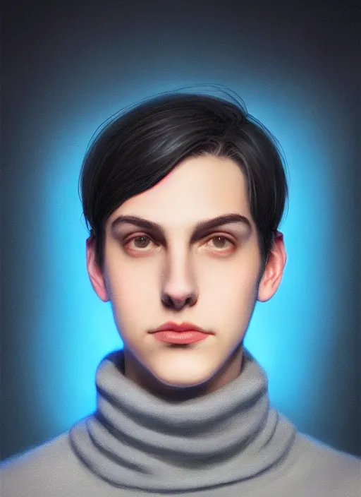 Image similar to portrait of teenage jughead jones wearing a light grey crown, crown, blue turtleneck, closed eyes, photorealistic, black hair, glowing lighting, intricate, elegant, glowing lights, highly detailed, digital painting, artstation, concept art, smooth, sharp focus, illustration, art by wlop, mars ravelo and greg rutkowski