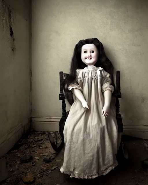 Image similar to portrait of a creepy smiling antique porcelain doll with white eyes wearing a dirty dress with long wet black hair sitting in a rocking chair next to a child’s bed in a dimly lit filthy room in an abandoned old asylum at night, 8k octane render, cinematic, dramatic lighting, volumetric lighting, Craig Mullins, Duane Hanson , Richard Estes, Arney Fretag, vintage photo, 1890
