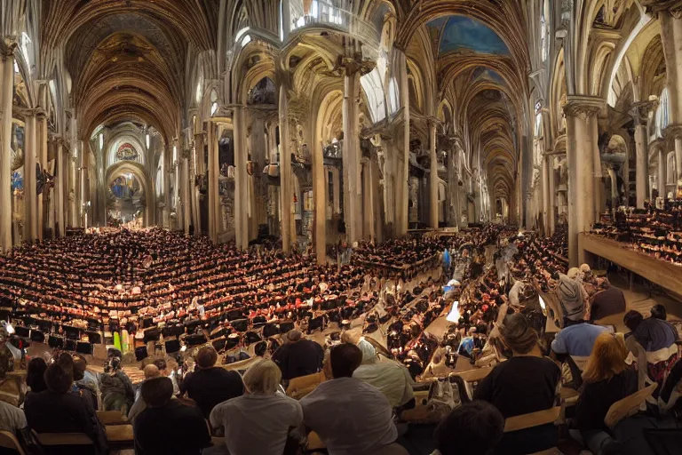 Image similar to huge crowd listens to a hermeneutic pipe organ concert in a vast basilica, matte painting, scenic full shot, ambient lighting, by makoto shinkai, artgerm, oil painting by caravaggio and goya