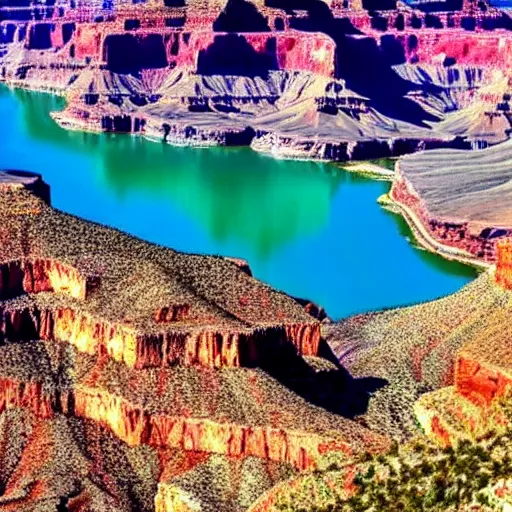 Prompt: color still of the grand canyon filled with blue water, sunny, blue fluffy clouds,