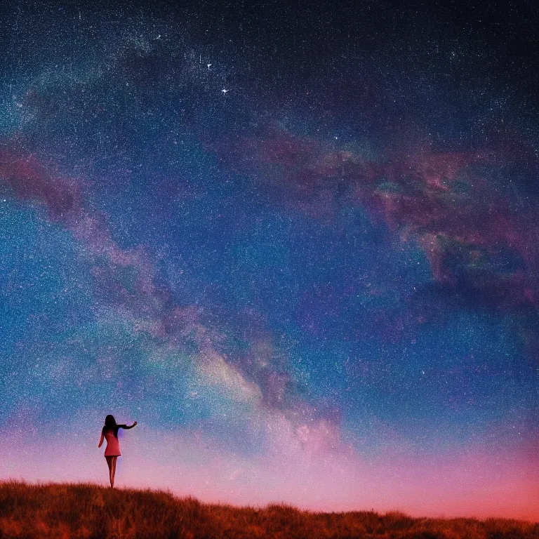 Prompt: a beautiful landscape of a starry sky with an woman waving to the horizon, cinematic, dramatic, color grading, photojournalism, colorful, highly detailed