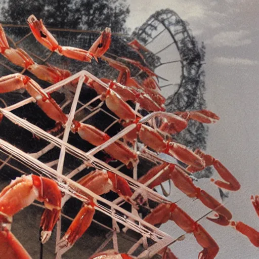 Image similar to a haunting polaroid photo of a twisting roller coaster made out of shrimp