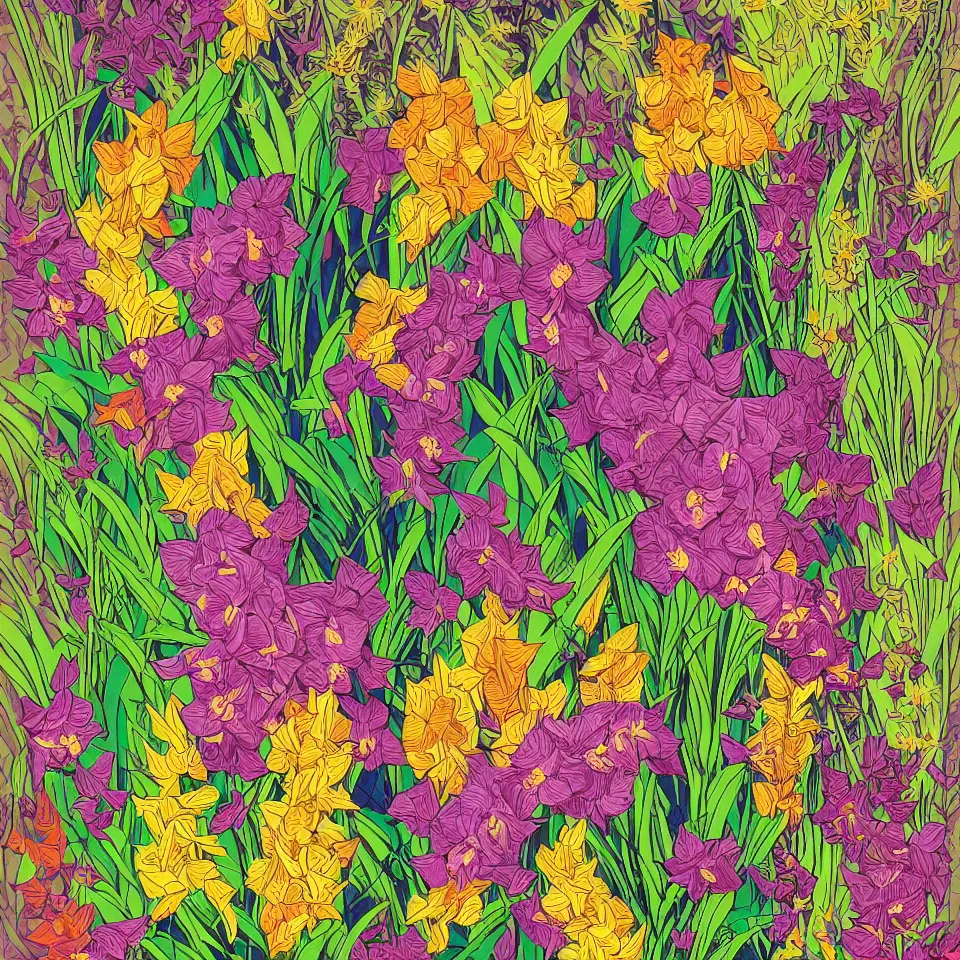 Prompt: colorful print of dendrobium orchids bunched botanical artwork, multicolor lino block print with vignettes, created by mike mignola, greg hildebrandt, banksy in the style of painting toon shades, colorful ink, vibrant, pastel, color vector, smooth curves, graphical, detailed, trending in art station