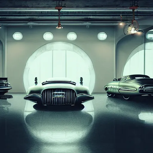 Image similar to retro futuristic shiny vintage cars in showroom, atmospheric lighting, painted, intricate, volumetric lighting, beautiful, daytime, sunny weather, slight overcast, sharp focus, deep colours, ultra detailed, by leesha hannigan, ross tran, thierry doizon, kai carpenter, ignacio fernandez rios