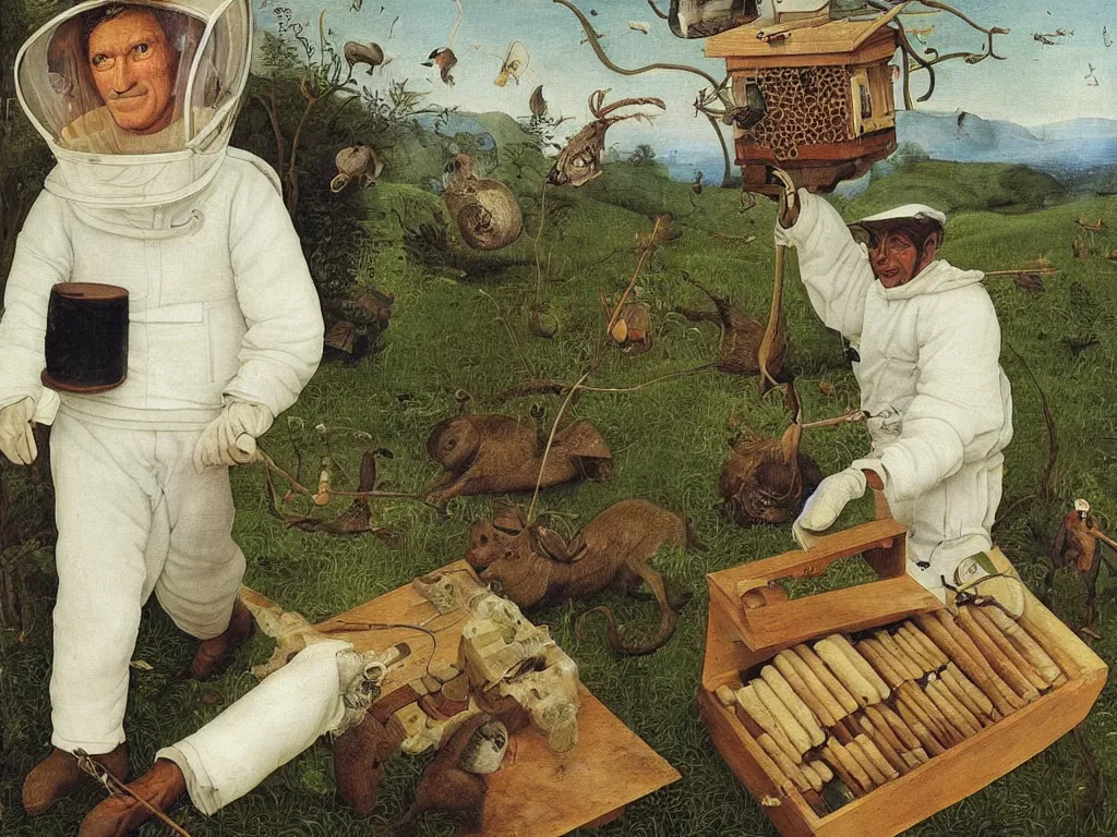 Image similar to close up portrait of man in white beekeeping suit with a surreal impossible creature from codex seraphinianus. painting by bosch, walton ford, agnes pelton