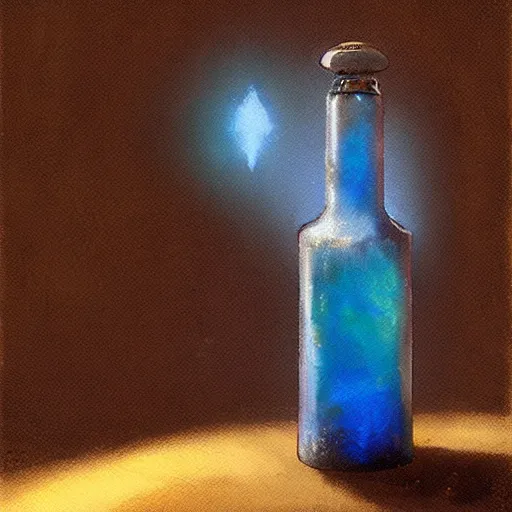 Prompt: an opalescent health potion in a tall elegant bottle, rpg item, fantasy concept art by craig mullins