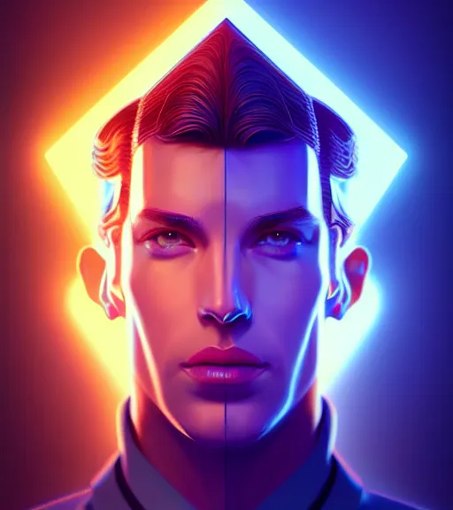 Image similar to symmetry!! caucasian prince of technology, solid cube of light, hard edges, product render retro - futuristic poster scifi, lasers and neon circuits, handsome caucasian prince, intricate, elegant, highly detailed, digital painting, artstation, concept art, smooth, sharp focus, illustration, dreamlike, art by artgerm