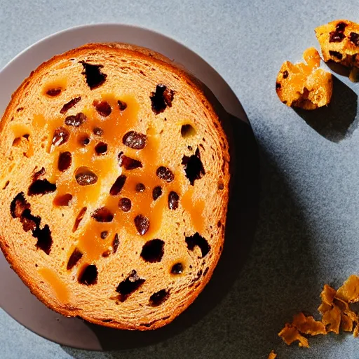 Prompt: A panettone with caramel clusters instead of orange peel