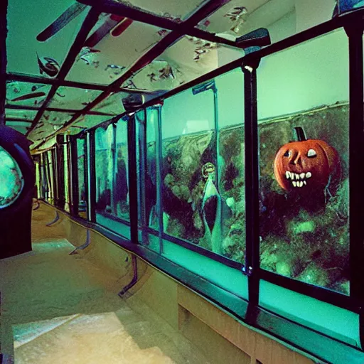 Image similar to colored photograph taken on fujifilm superia film, 3 5 mm, spooky creepy liminal space, halloween decorations, educational display case, aquatic exhibition science museum, smelly dried dryrot putrid aquarium with hollow tentacle tunnels, fishbones covered in flies, bright computer screens with colorful displays, backroom stairs leading down under water, displacement