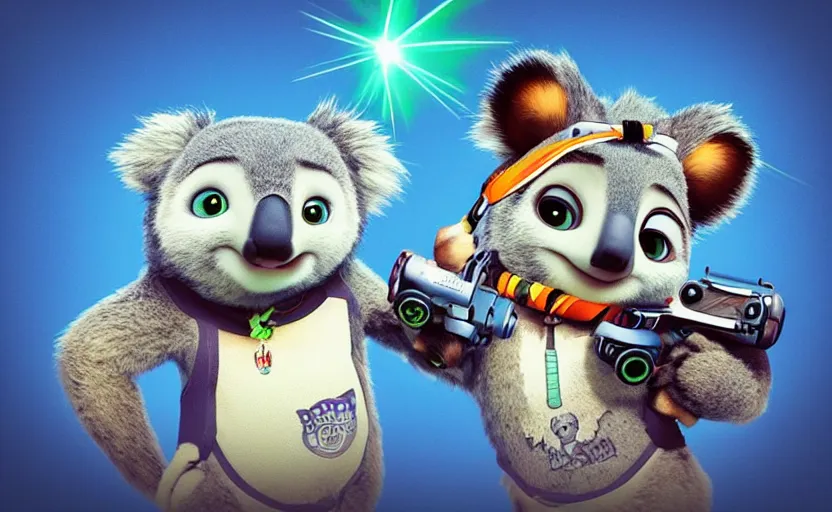 Image similar to “ cute koala with very big eyes, wearing a bandana and chain, holding a laser gun, standing on a desk, digital art, award winning, in the style of the movie zootopia ”