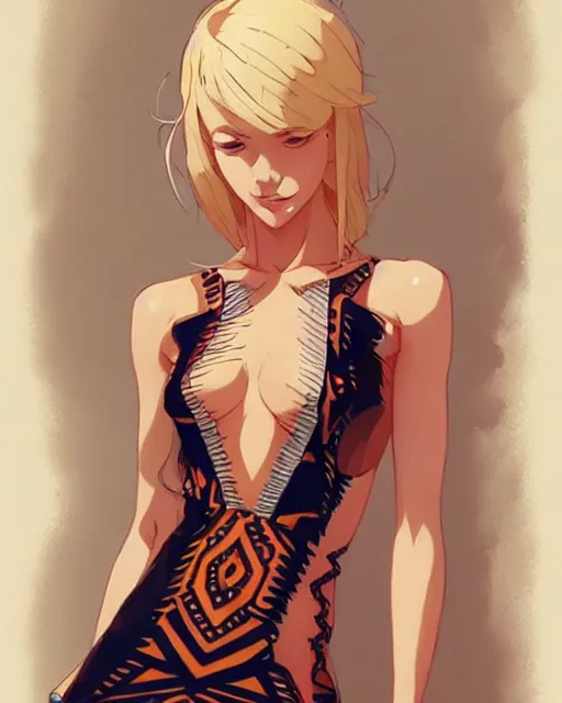 Image similar to blond woman in a tribal ripped dress, by artgerm, by studio muti, greg rutkowski makoto shinkai takashi takeuchi studio ghibli