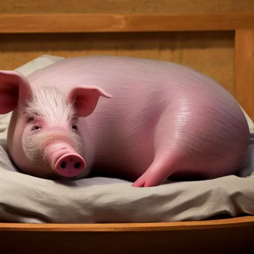 Prompt: hyper realistic image of a pig sleeping in his bed it night - n 9