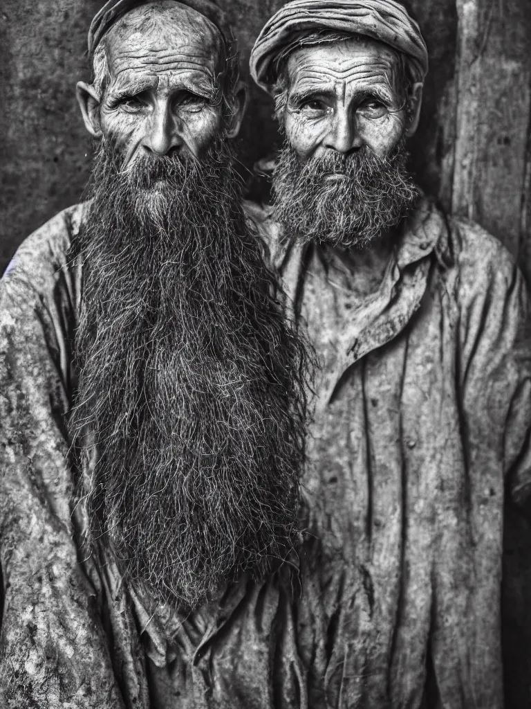 Image similar to High-resolution image. A portrait of an aged mushroom seller with a haunted expression and a wrinked gaunt face and large unkempt beard. Deep shadows and highlights. /2.8 or f/4. ISO 1600. Shutter speed 1/60 sec. Lightroom.