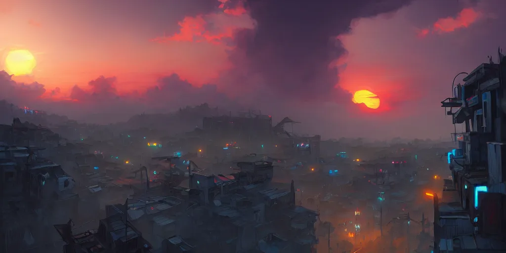 Image similar to Andreas Rocha painting of a cyberpunk African favela, hazy sunset with dramatic clouds, deep blues, wide angle lens, asymmetrical, trending on Artstation, High quality image