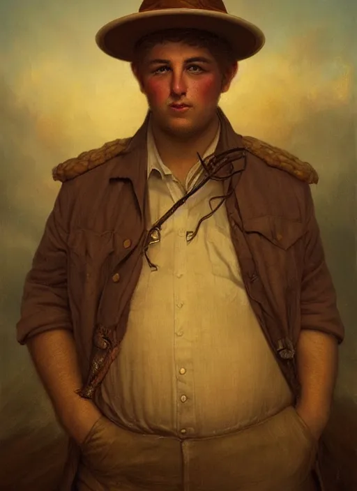 Image similar to portrait of a handsome chubby ohio farm boy, by agostino arrivabene and tom bagshaw and manuel sanjulian