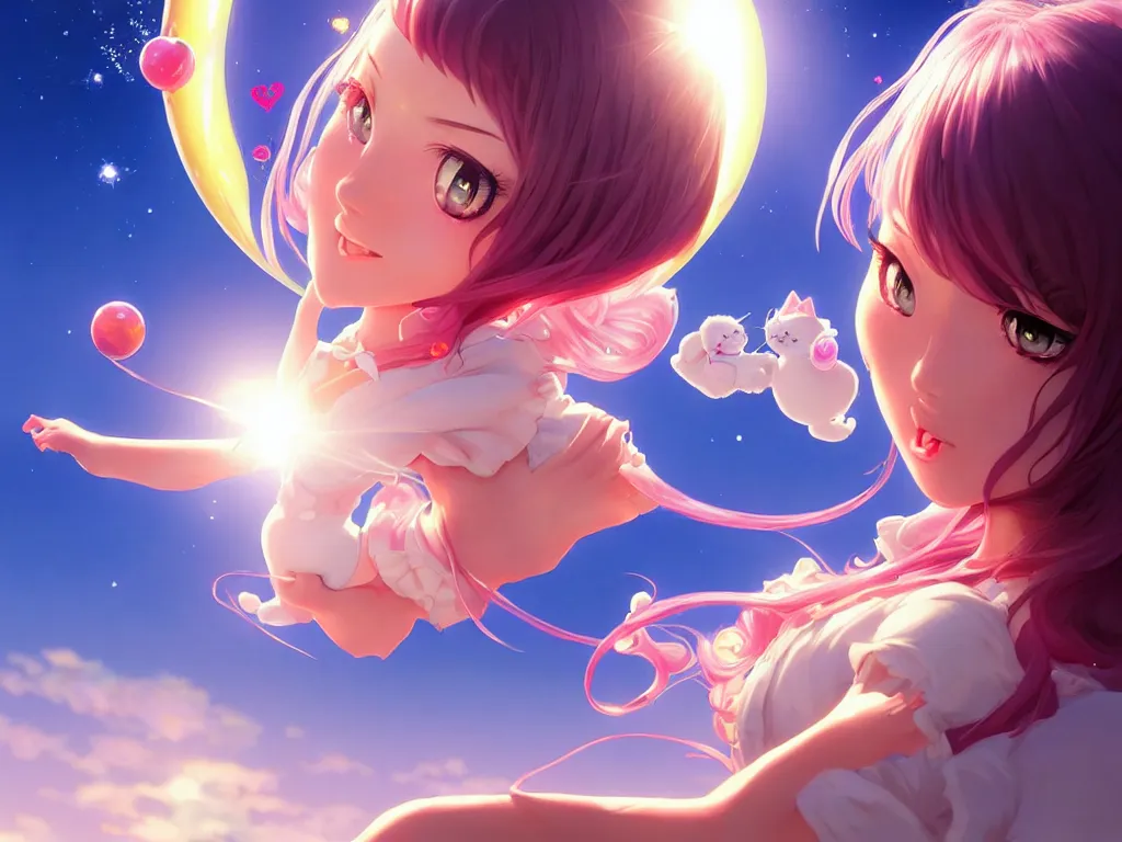 Image similar to bubbly lovely hopefully magical girl flying to the sun set with her kitty, occlusion shadow, specular reflection, rim light, unreal engine, artgerm, artstation, art by hiroaki samura and ilya kuvshinov and ossdraws, high quality, intricate detailed 8 k, fantasy illustration, extremely beautiful and aesthetic shape of face and body, movie poster