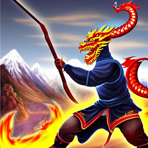 Image similar to Chinese president, battle, bananas weapon, dragon, mountains background, fighting stance, painting