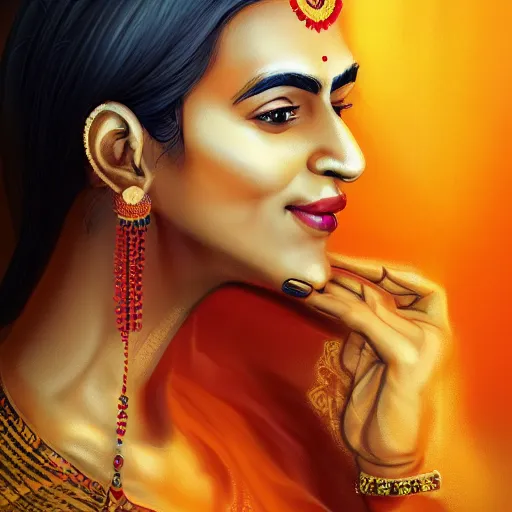 Image similar to portrait of an Indian woman with a computer chip in the back of her head, headshot, detailed, fantasy, trending on artstation