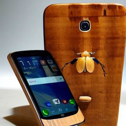Prompt: a phone fused to a wooden desk smooth as a beetle's shell, realistic, extremely detailed