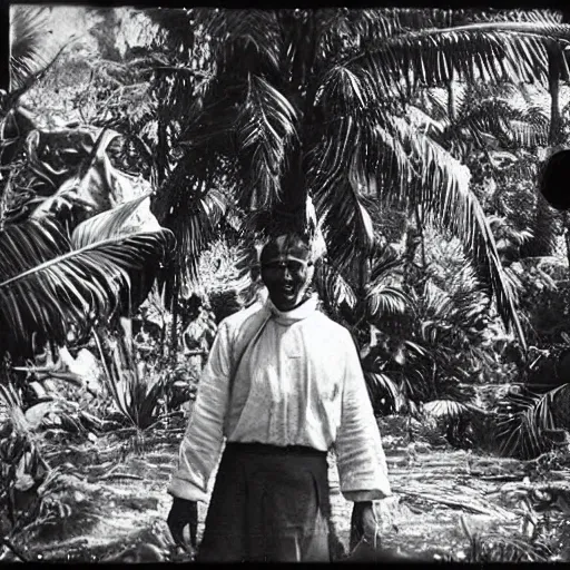 Image similar to lost film footage of a sacred artifact in the middle of the ( ( ( ( ( ( ( ( ( tropical jungle ) ) ) ) ) ) ) ) ) / ethnographic object / sacred / film still / cinematic / enhanced / 1 9 0 0 s / black and white / grain