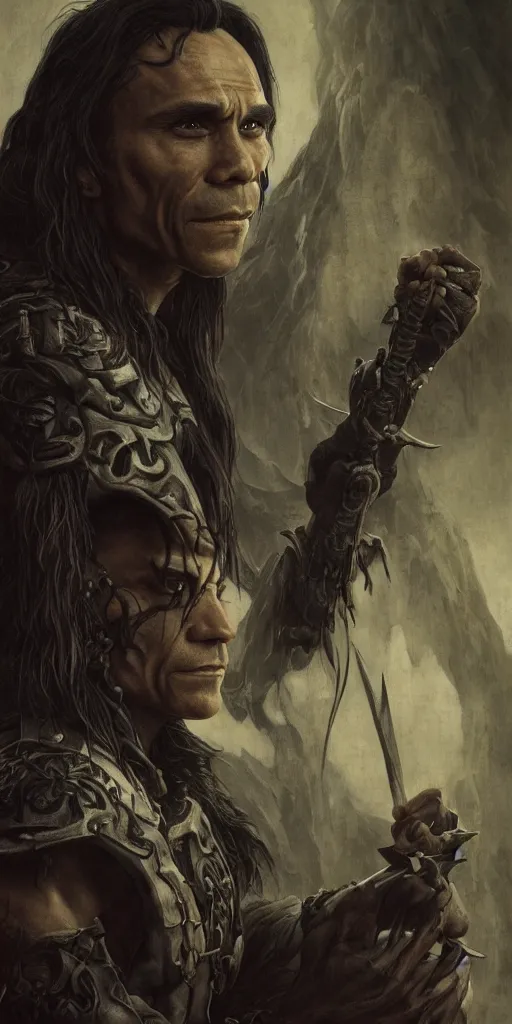 Prompt: zahn mcclarnon, thief, underworld boss, tattoos, crime, dungeons and dragons, fame of thrones masterpiece by edgar maxence and ross tran and michael whelan, gustav dore, 8 k, octane render