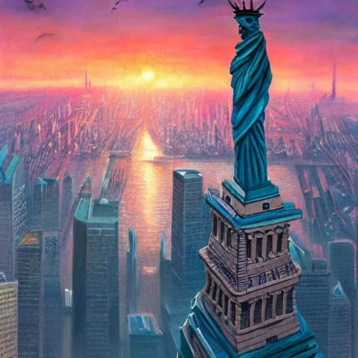 Image similar to a hyper realistic painting of man mixed with eagle standin on the statue of liberty, watching the colorful city with highly detailed skyline, sunset, majestic, wonderful, fantasy, by Greg Rutkowski, Trending on Artstation, digital art