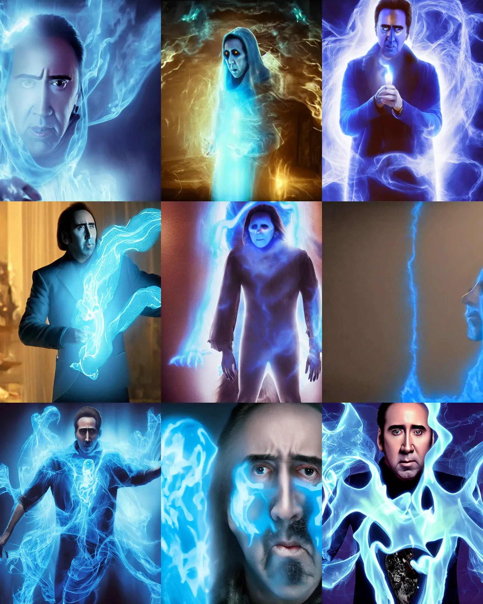 Prompt: nicolas cage as a blue ghost with a ghostly tail, glowing, 2 0 1 5 viral product advertisement hd, commercial banner, english text