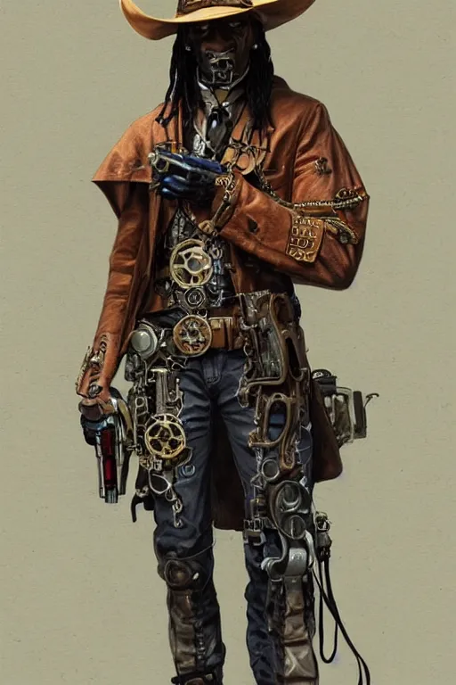 Image similar to cowboy snoop dog as a steampunk cyborg gunslinger, portrait, cyber western, duster, fantasy, intricate, elegant, highly detailed, digital painting, artstation, concept art, sharp focus, illustration, art by artgerm and greg rutkowski and alphonse mucha