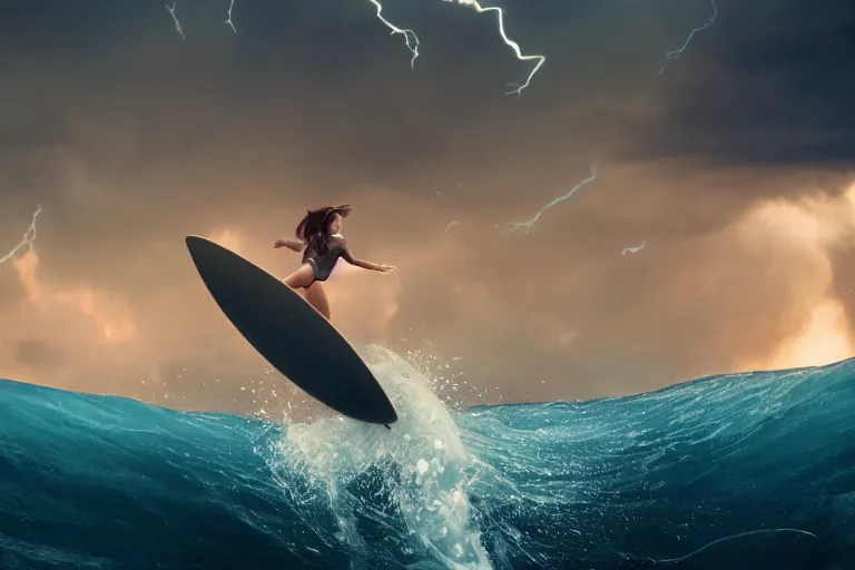 Image similar to girl surfing on a cloud, 4 k, ultra details, cinematic, epic style, beautiful photo, hyper realistic, octane render, unreal engine, award winning, on artstation, volumetric lightning, masterpiece, golden hour,