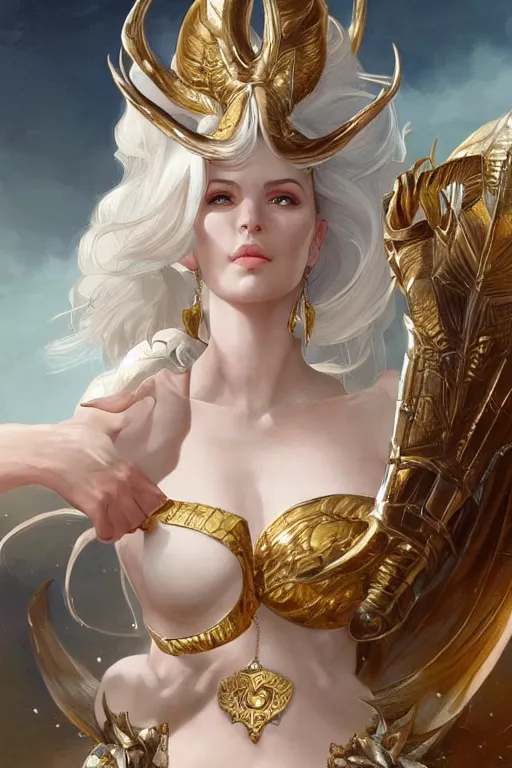 Image similar to fullbody!! beautiful woman with white hair, big natural horns on her head, gold jewellery, dynamic pose, dnd, face, fantasy, intricate, elegant, highly detailed, digital painting, artstation, concept art, smooth, sharp focus, illustration, art by artgerm and greg rutkowski and alphonse mucha