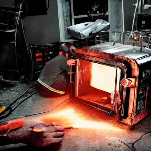 Image similar to technician repairing head of toaster oven mecha, dark messy smoke - filled cluttered workshop, dark, dramatic lighting, orange tint, cinematic, highly detailed, sci - fi, futuristic, movie still