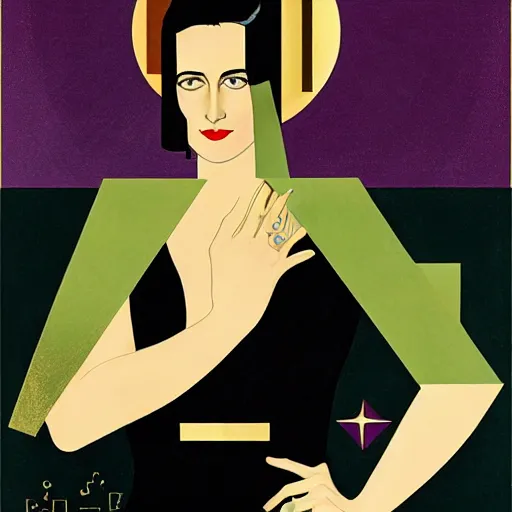 Image similar to Eva Green, Art by Coles Phillips, Gilded outfit, Jet black hair, Green eyes, Portrait of the actress, Eva Green as Space Commander Alpha from the Year 4000, geometric art, poster, no text, Mucha, Kandinsky, carbon blac and antique gold