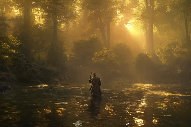 Prompt: A highly detailed 4K fantasy matte painting of a heavily armored medieval guard standing on a river bank in a forest during the golden hour in summer, volumetric sun rays and dust, water reflection, Thomas Kinkade, Greg Rutkowski, ArtStation, CGSociety, Unreal Engine