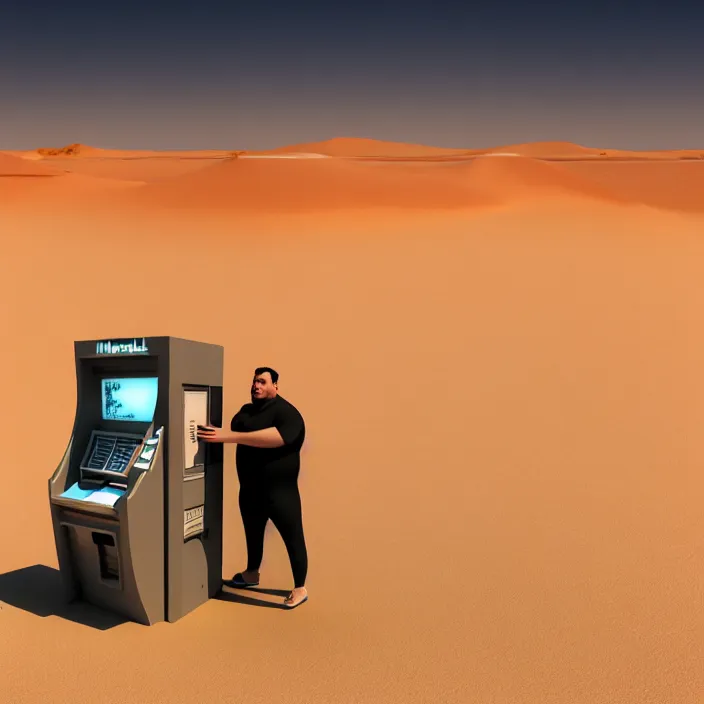 Image similar to hyperrealistic mixed media portrait of a moridly obese man using an ATM machine in the middle of a barren desert wasteland, despair, depressing and hopeless vibe, stunning 3d render inspired art by P. Craig Russell and Barry Windsor-Smith + perfect facial symmetry + dim volumetric lighting, 8k octane beautifully detailed render, post-processing, extremely hyperdetailed, epic composition, grim yet sparkling atmosphere, cinematic lighting + masterpiece, trending on artstation