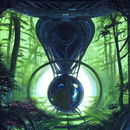 Image similar to portal in a middle of a lush futuristic forest, alien world seen through a portal, person in a cloak standing in front of a portal, syd mead, john harris