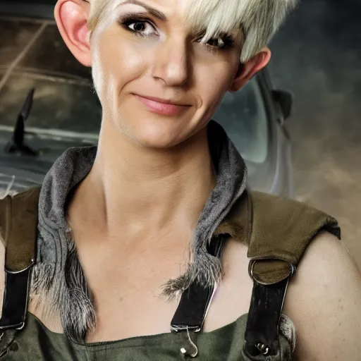 Image similar to close up headshot of a skinny female high-fantasy elf with a long face narrow chin and spiky blonde hair wearing dark brown overalls and holding a bomb next to a destroyed car, gel spiked blond hair, small ears, narrow lips, high resolution film still, HDR color