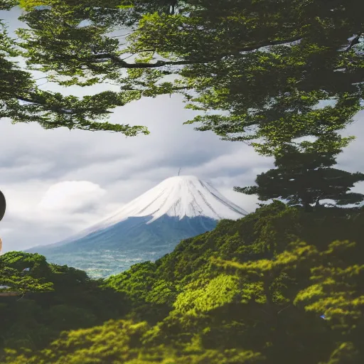 Image similar to a beautiful photograph of a girl with japan landscape in the background with trees, hdr, 8 k, high quality, sharp focus, artstation, highly detailed, award - winning, dramatic lighting, beautiful clouds, and nature