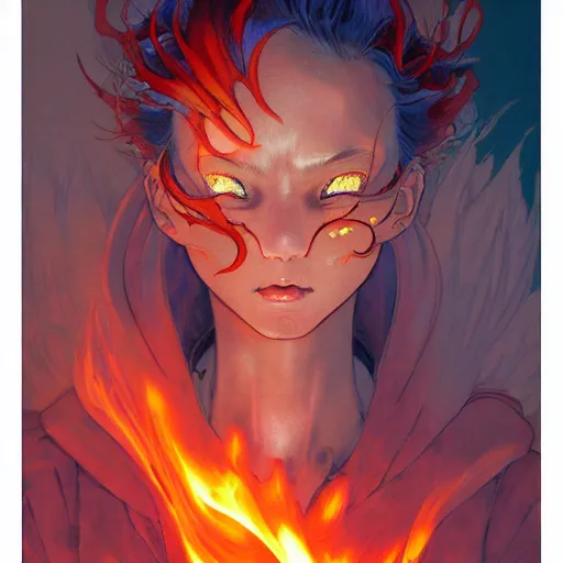 Prompt: prompt : flames and blades character portrait soft light painted by james jean and katsuhiro otomo and erik jones, inspired by evangeleon anime, smooth face feature, intricate oil painting, high detail illustration, sharp high detail, manga and anime 1 9 9 9