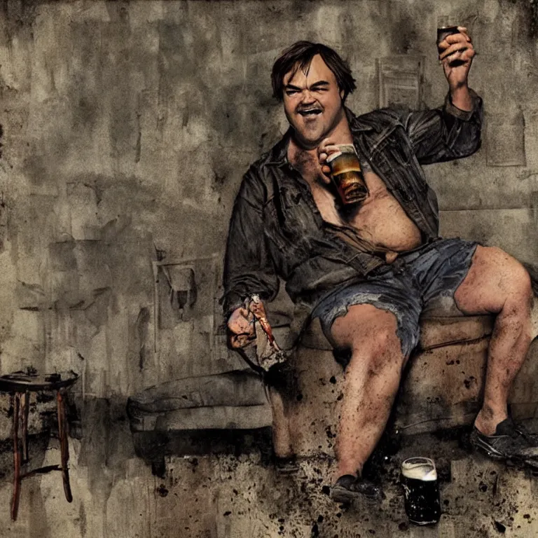 Prompt: a dirty grunge painting with dark and muted colors of jack black in his underwear sitting on the couch drinking beer. an apartment full of dirt with torn wallpaper in the background. matte painting, complex massive detail.