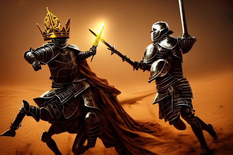 Prompt: A Knight with a golden Crown and a Silver Armour fighting in the desert, dust and blood in the air, black iron sword, close to defeat, Dramatic Scene, Heroic Battle Scene, dark, intricate, cinematic lighting, highly detailed, digital art, trending on Artstation, 8k, photorealistic, dramatic, volumetric lighting, hyper realistic