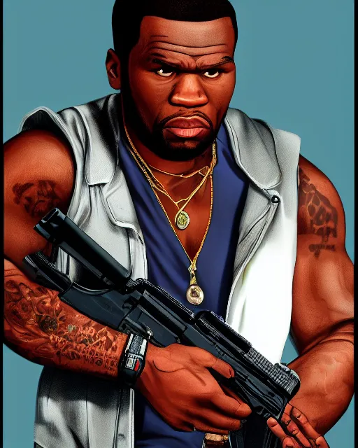 Prompt: a medium shot portrait of 5 0 cent as a gta vc character, he's holding a pistol. intricate detail, trending on artstationhq
