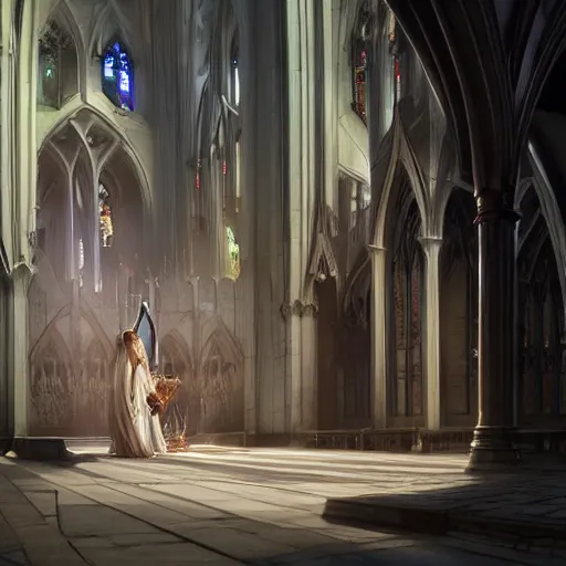 Image similar to angel protecting man who is praying inside a gothic church by Stanley Artgerm Lau, WLOP, Rossdraws, James Jean, Andrei Riabovitchev, Marc Simonetti, Yoshitaka Amano, ArtStation, CGSociety