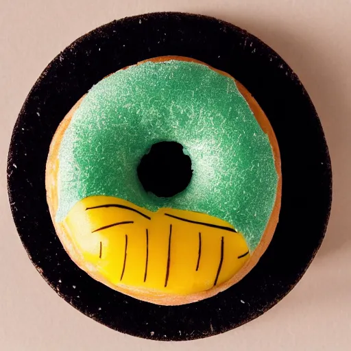 Prompt: Perfectly circular donut!!!!! in the style and shape of a pineapple!!!!!!, blended colors!!!!!, trending on artstation, 4k, 8k, professional photography, overhead shot, 35mm lens