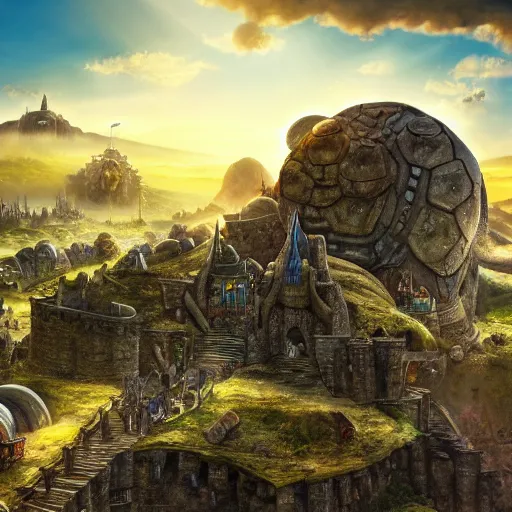 Image similar to large fantasy castle covering the top of the giant tortoise moving across harsh wasteland with sharp rays of sunlight, mortal engines howls moving castle, distant - mid - shot, fantasy, hyper detailed, 4 k