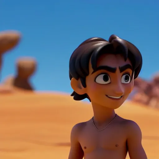 Image similar to a profile view of young aladdin as nendoroid walking in a desert in the croods movie style, 8 k, hd, dof, kodak film, volumetric lighting, subsurface scattering, photorealistic, octane render