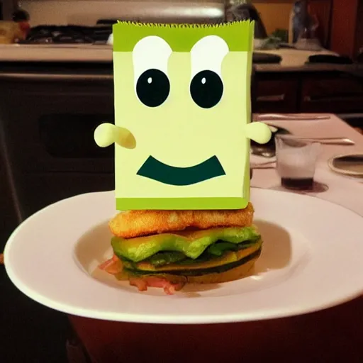 Image similar to Handsome Squidward eats a Krabby Patty