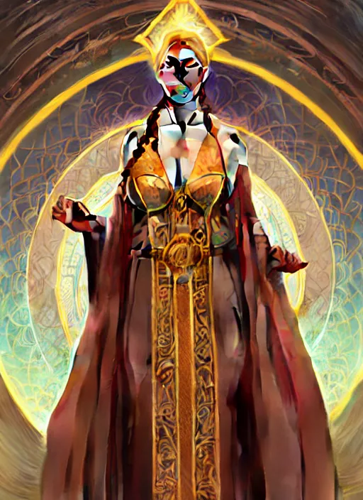 Image similar to portrait of a full body of curvy young female solarpunk priestess in byzantine robes, fantasy, flat lighting, intricate, highly detailed, digital painting, artstation, concept art, smooth, sharp focus, illustration, art by simon bisley and greg rutkowski and boris vallejo and alphonse mucha, natural tpose