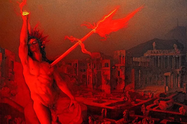 Image similar to only with red, a red melted apollo with a laurel wreath and a flaming sword announce the win, athens in the background, pathos, in the style of beksinski, part by hopper, part by rodcenko, part by hofbauer, intricate composition, red by caravaggio, insanely quality, highly detailed, masterpiece, red light, artstation, 4 k