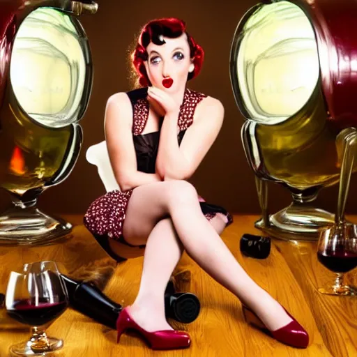 Prompt: pinup girl sitting inside a huge wine glass